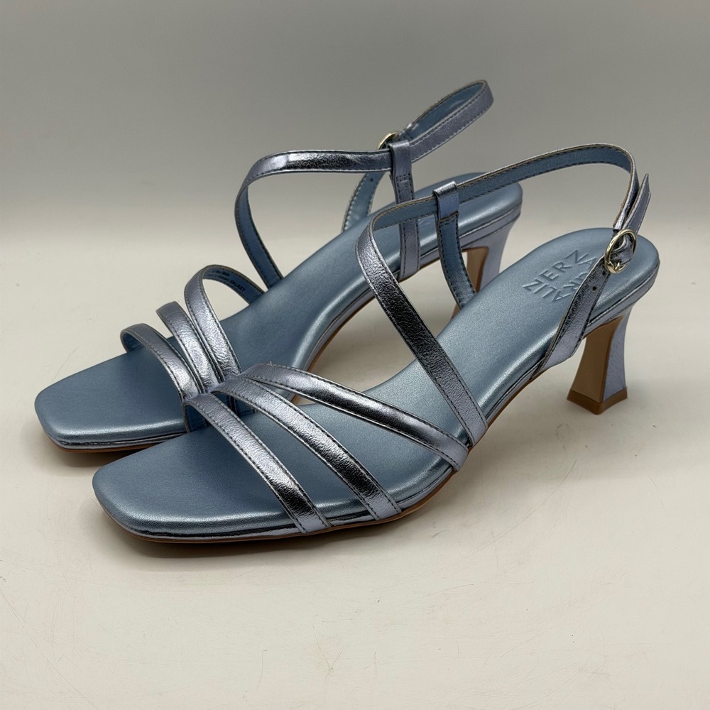 Naturalizer Galaxy Metal Blue Strappy Sandals Kitten Heel Square Toe Womens 9.5M